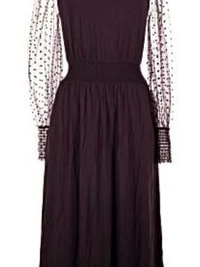 Boden Sz 6 Plum Fig Long Sleeve Dress with Sheer Polka-Dot Sleeves NWT